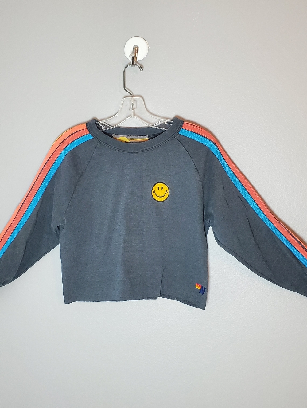 Aviator Nation Striped Smiley Cropped Crewneck Sweatshirt Pullover Size XS Grey